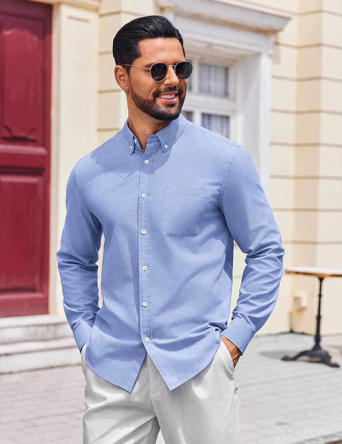 imageCOOFANDY Mens Long Sleeve Button Down Shirt Casual Untucked Shirts for Men Oxford Dress ShirtsLight Blue