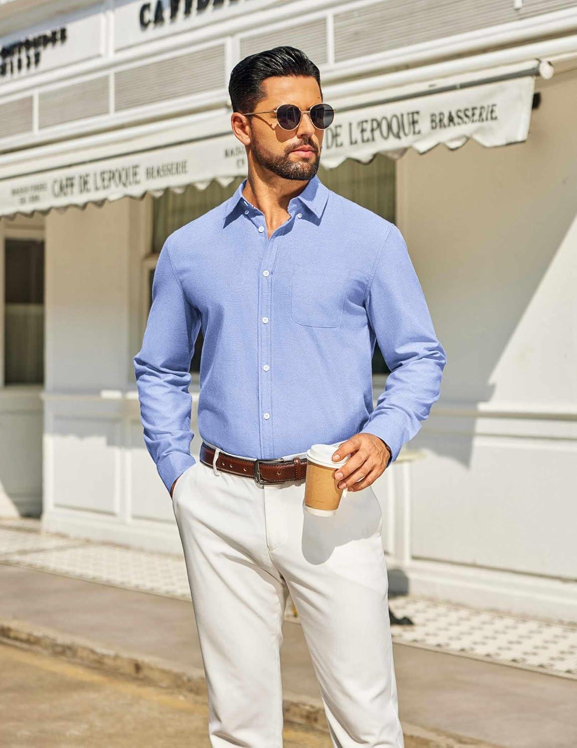 imageCOOFANDY Mens Long Sleeve Button Down Shirt Casual Untucked Shirts for Men Oxford Dress ShirtsLight Blue