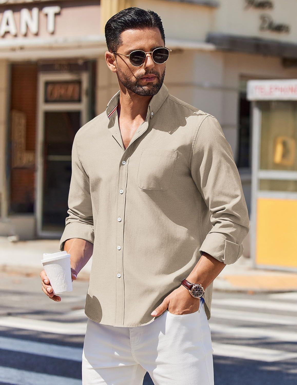 imageCOOFANDY Mens Long Sleeve Button Down Shirt Casual Untucked Shirts for Men Oxford Dress ShirtsLight Khaki