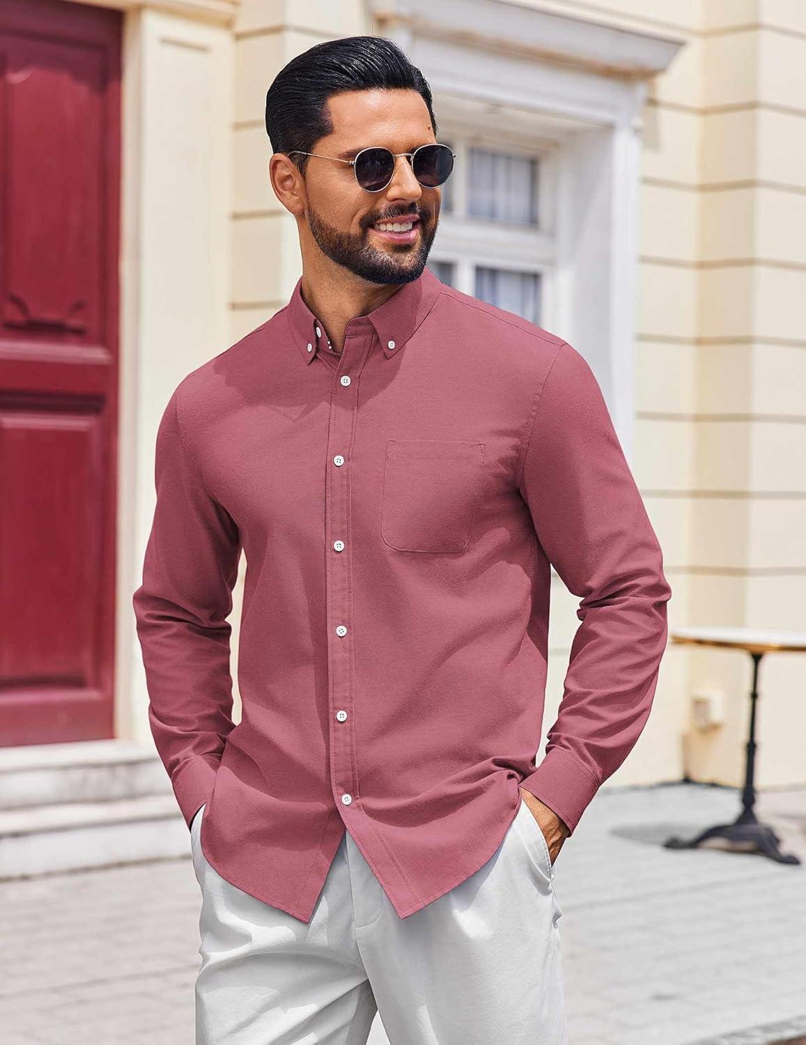 imageCOOFANDY Mens Long Sleeve Button Down Shirt Casual Untucked Shirts for Men Oxford Dress ShirtsRed