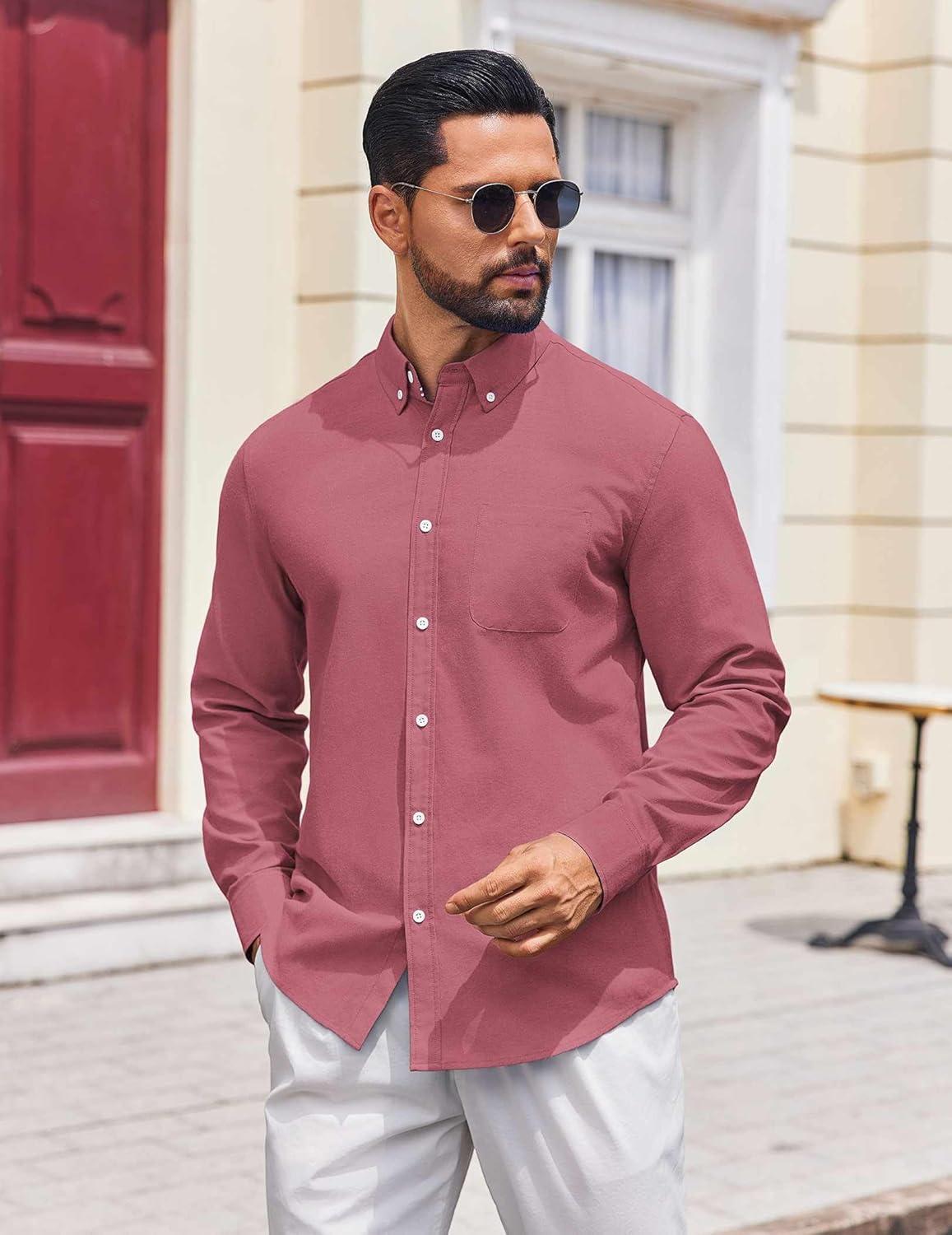imageCOOFANDY Mens Long Sleeve Button Down Shirt Casual Untucked Shirts for Men Oxford Dress ShirtsRed