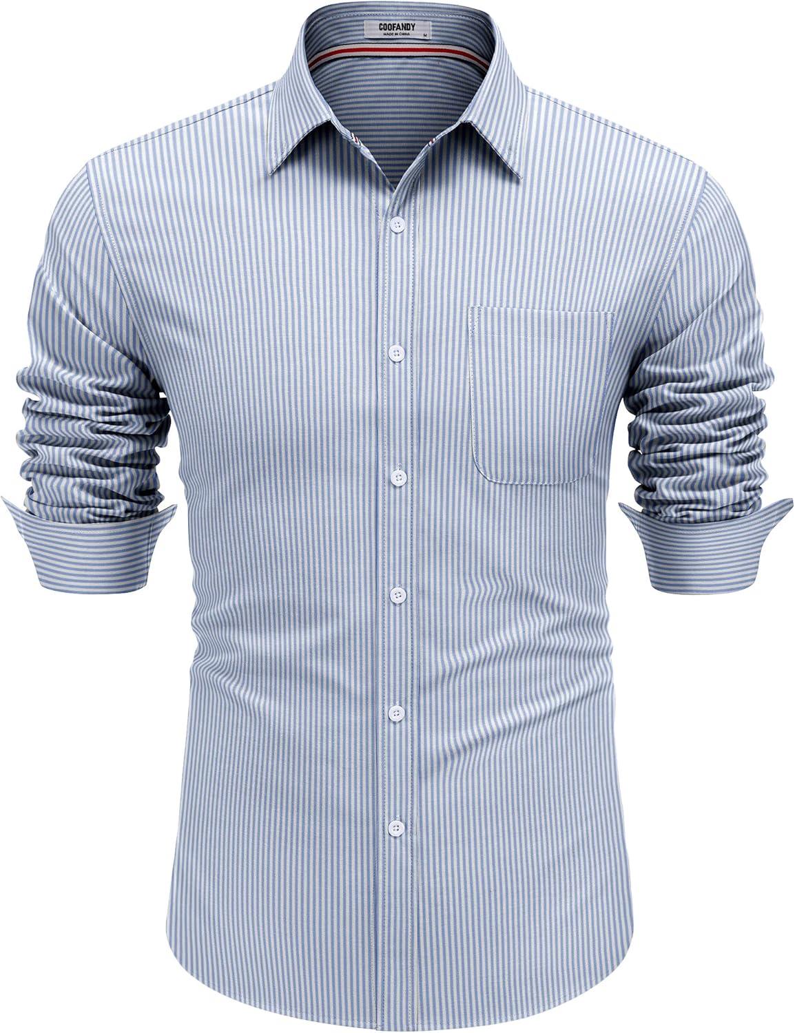 imageCOOFANDY Mens Long Sleeve Button Down Shirt Casual Untucked Shirts for Men Oxford Dress ShirtsWhiteblue Stripe