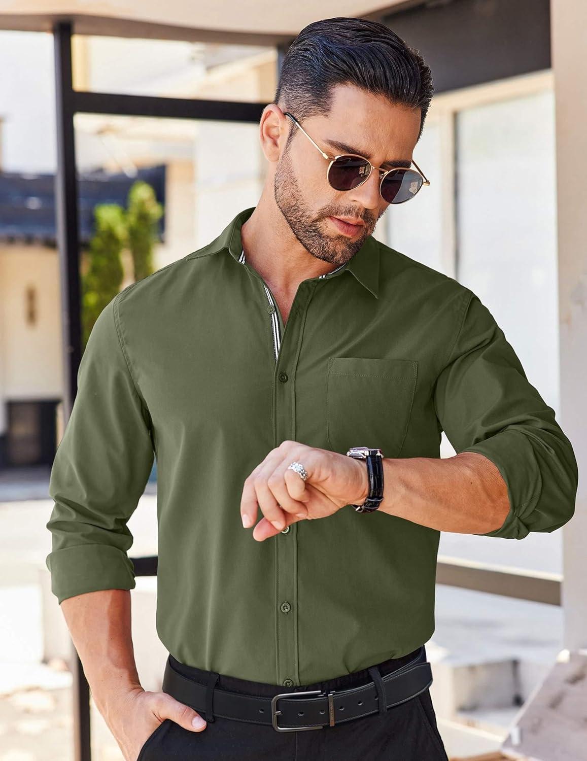 imageCOOFANDY Mens Long Sleeve Casual Button Down Shirts Untucked Shirts for Men Regular Fit Dress ShirtArmy Green