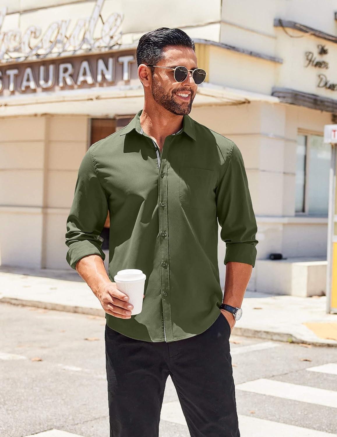 imageCOOFANDY Mens Long Sleeve Casual Button Down Shirts Untucked Shirts for Men Regular Fit Dress ShirtArmy Green