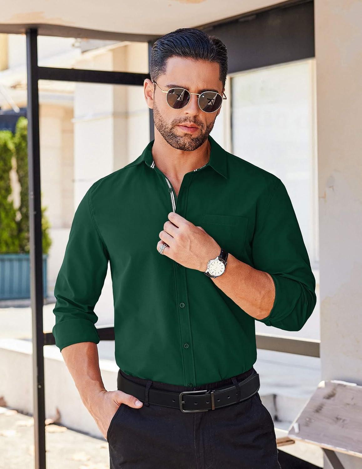 imageCOOFANDY Mens Long Sleeve Casual Button Down Shirts Untucked Shirts for Men Regular Fit Dress ShirtEvergreen