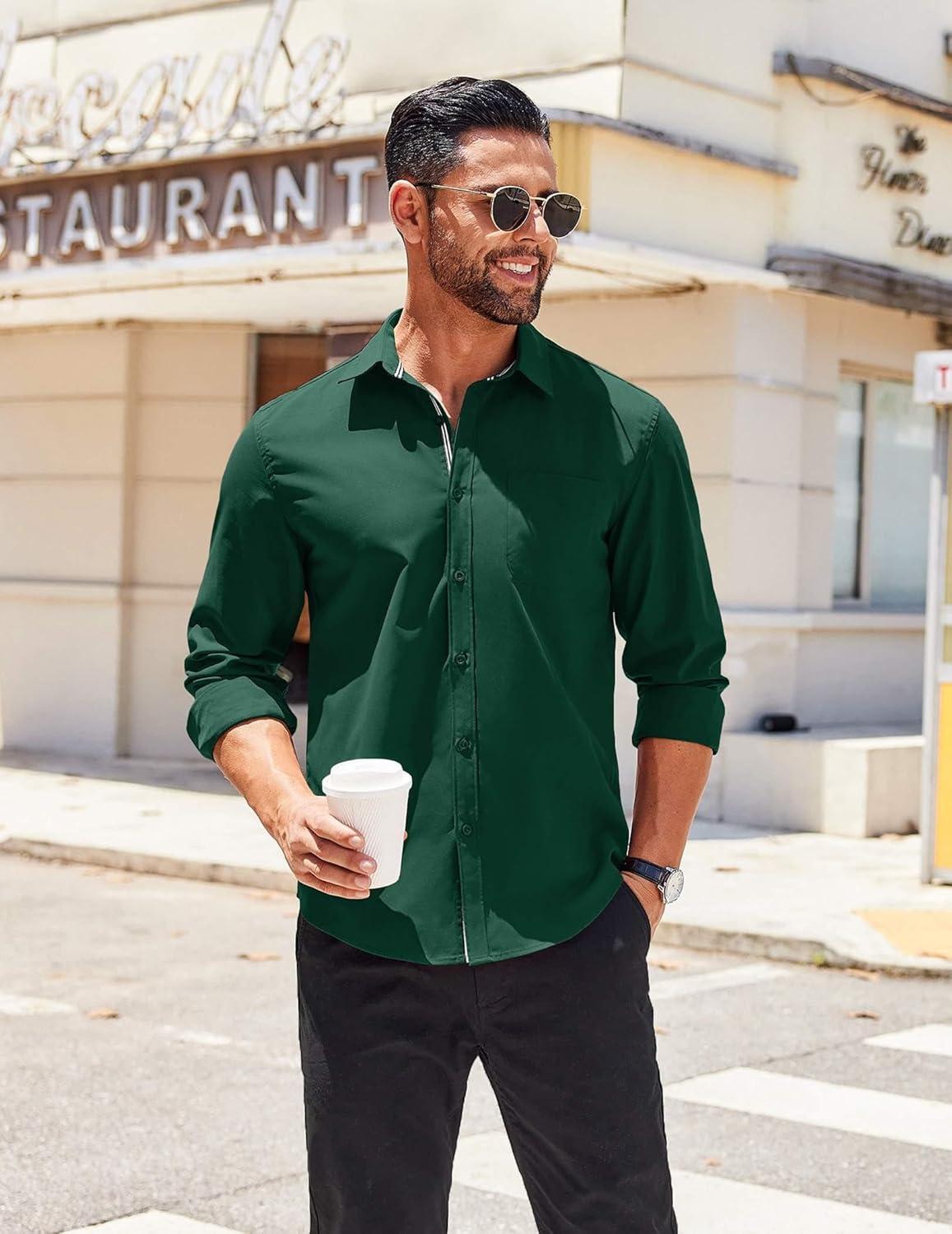imageCOOFANDY Mens Long Sleeve Casual Button Down Shirts Untucked Shirts for Men Regular Fit Dress ShirtEvergreen