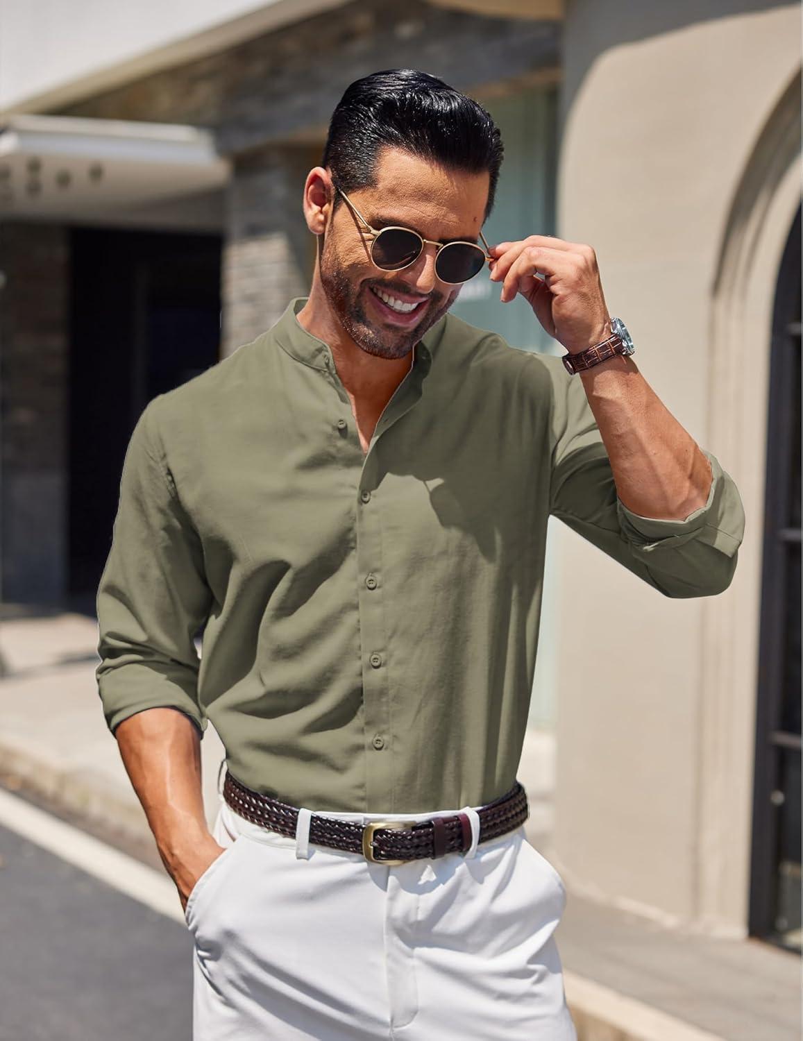 imageCOOFANDY Mens Long Sleeve Oxford Dress Shirts Chambray Button Down Shirt Casual Band Collar ShirtsArmy Green