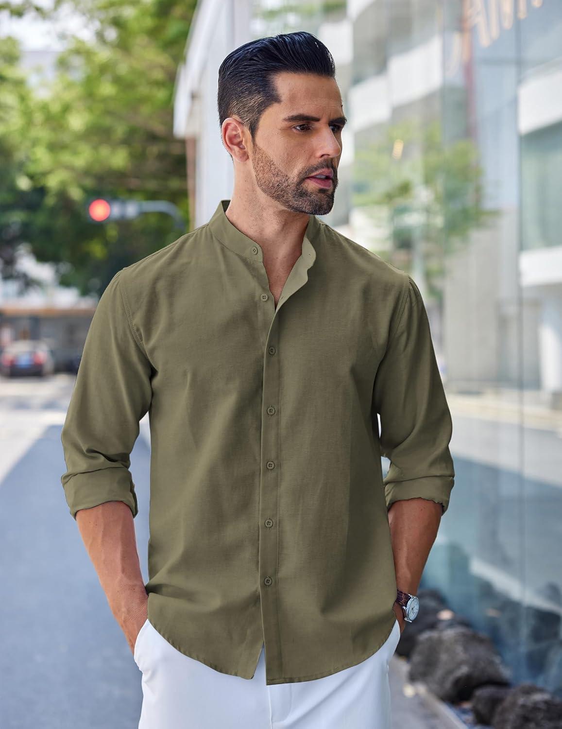 imageCOOFANDY Mens Long Sleeve Oxford Dress Shirts Chambray Button Down Shirt Casual Band Collar ShirtsArmy Green