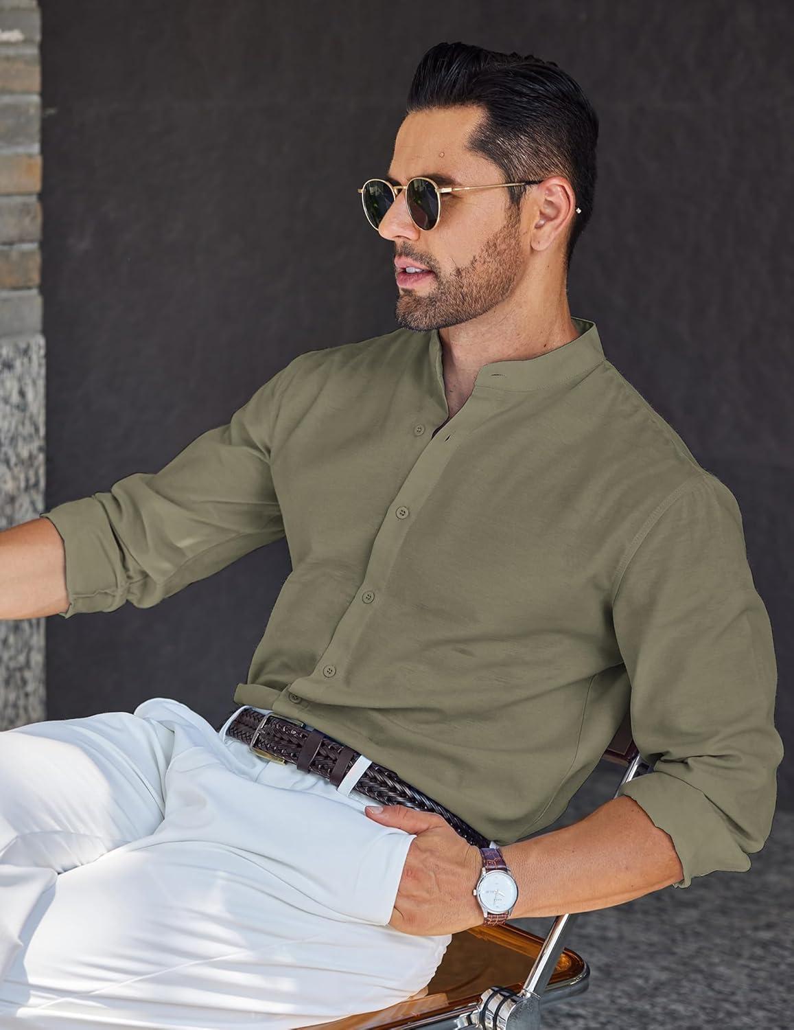 imageCOOFANDY Mens Long Sleeve Oxford Dress Shirts Chambray Button Down Shirt Casual Band Collar ShirtsArmy Green