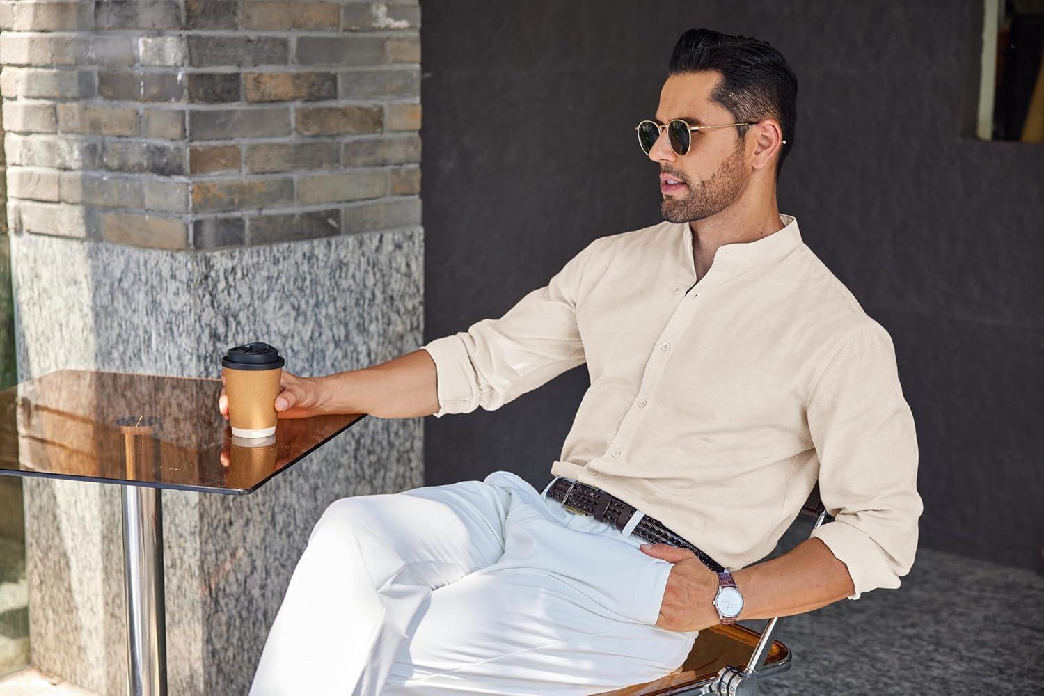 imageCOOFANDY Mens Long Sleeve Oxford Dress Shirts Chambray Button Down Shirt Casual Band Collar ShirtsBeige