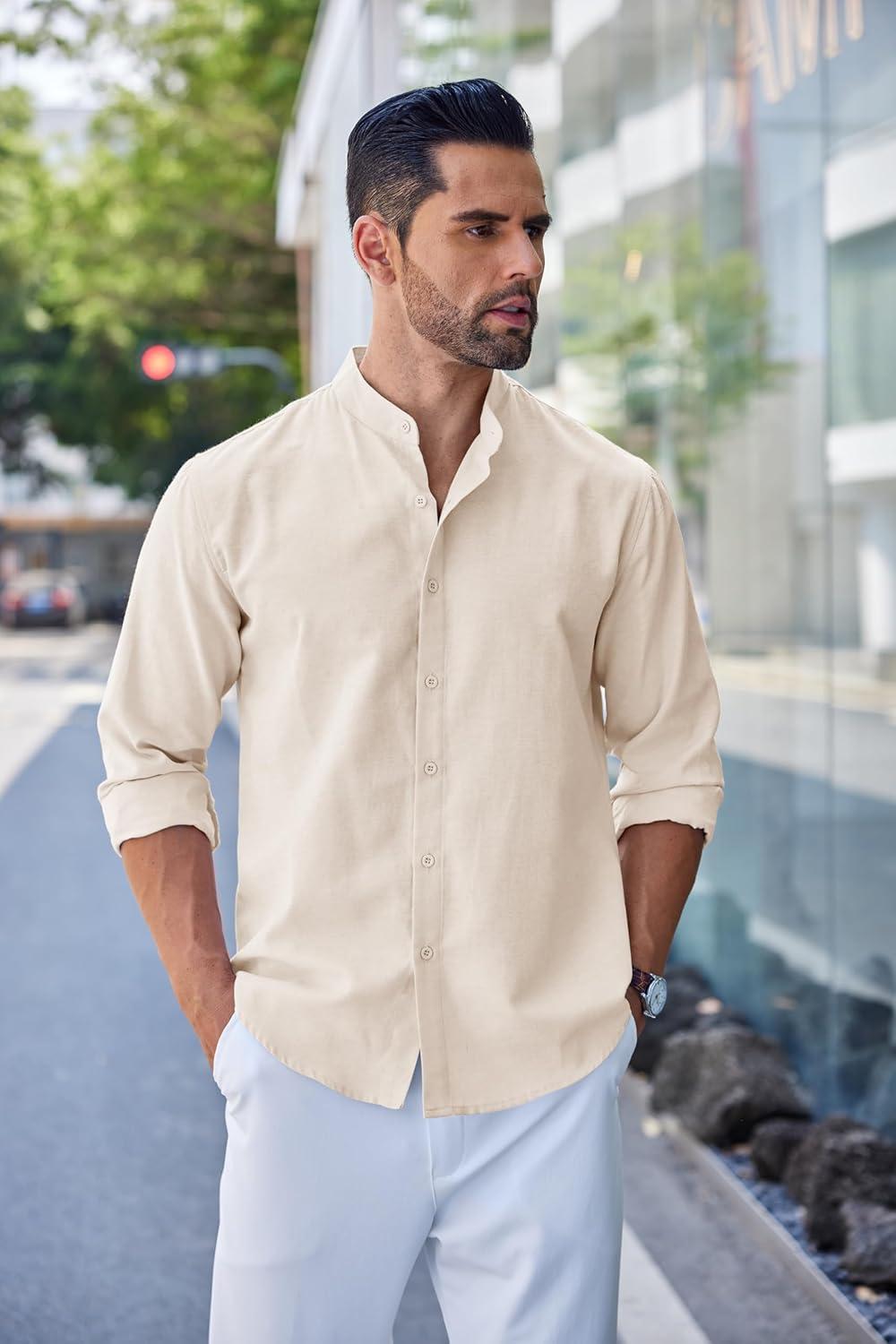 imageCOOFANDY Mens Long Sleeve Oxford Dress Shirts Chambray Button Down Shirt Casual Band Collar ShirtsBeige