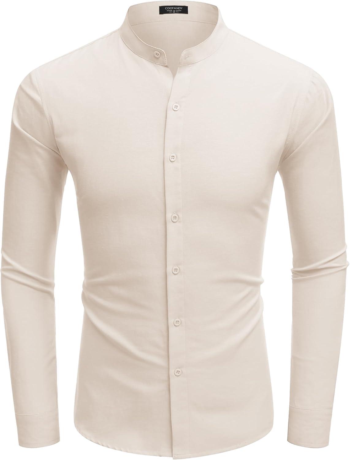 imageCOOFANDY Mens Long Sleeve Oxford Dress Shirts Chambray Button Down Shirt Casual Band Collar ShirtsBeige