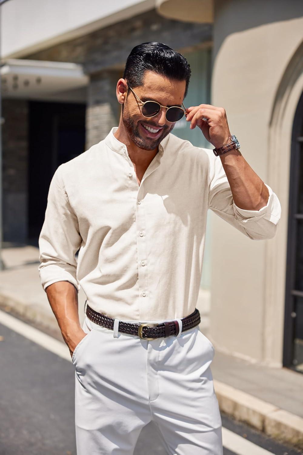 imageCOOFANDY Mens Long Sleeve Oxford Dress Shirts Chambray Button Down Shirt Casual Band Collar ShirtsBeige