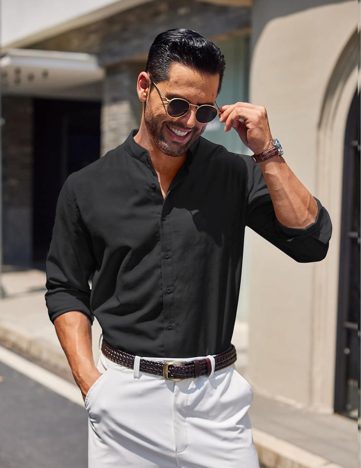 imageCOOFANDY Mens Long Sleeve Oxford Dress Shirts Chambray Button Down Shirt Casual Band Collar ShirtsBlack