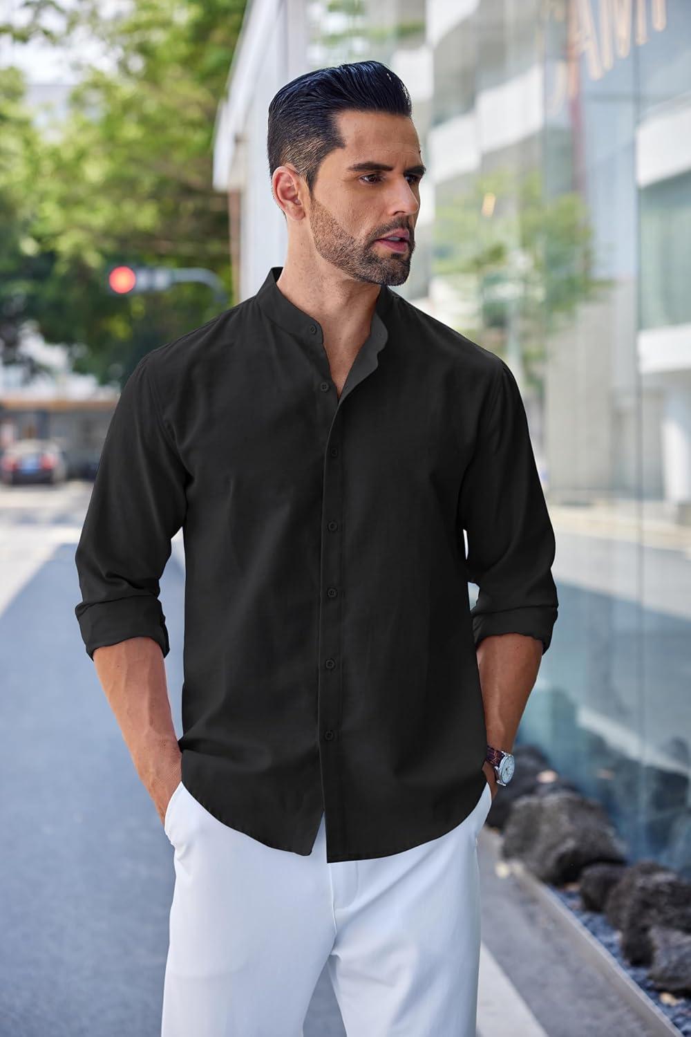 imageCOOFANDY Mens Long Sleeve Oxford Dress Shirts Chambray Button Down Shirt Casual Band Collar ShirtsBlack