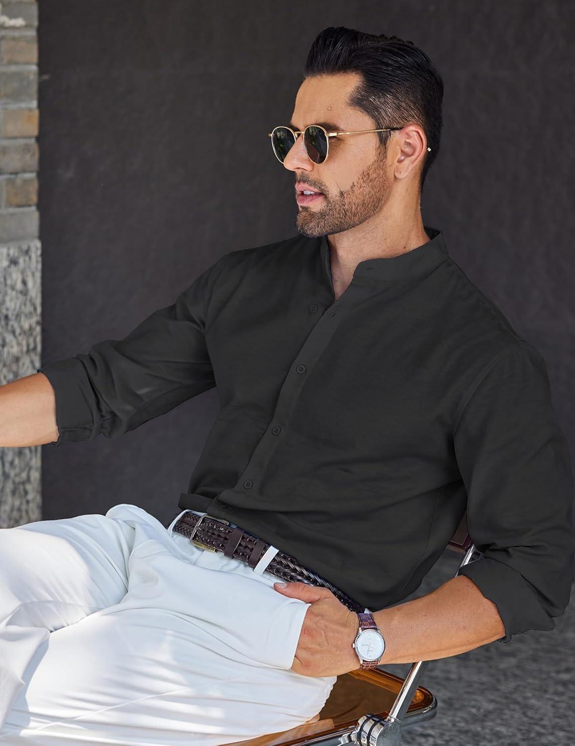 imageCOOFANDY Mens Long Sleeve Oxford Dress Shirts Chambray Button Down Shirt Casual Band Collar ShirtsBlack