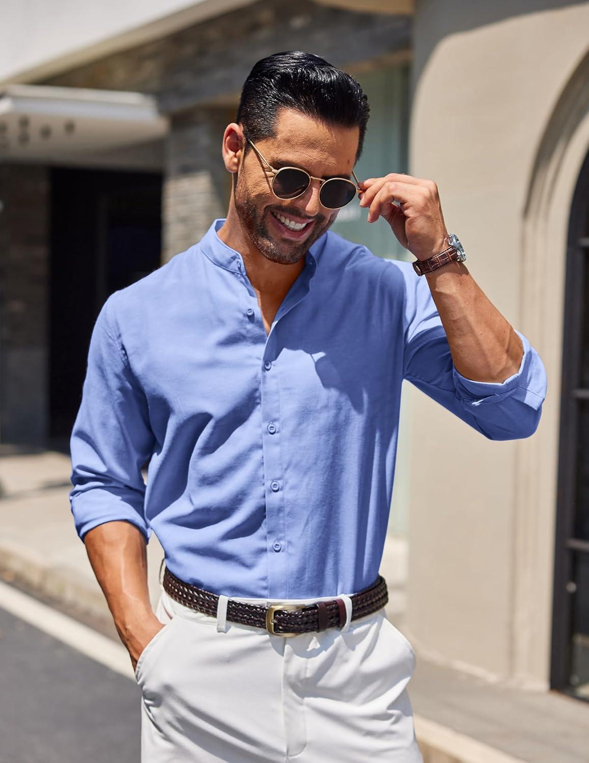 imageCOOFANDY Mens Long Sleeve Oxford Dress Shirts Chambray Button Down Shirt Casual Band Collar ShirtsBlue