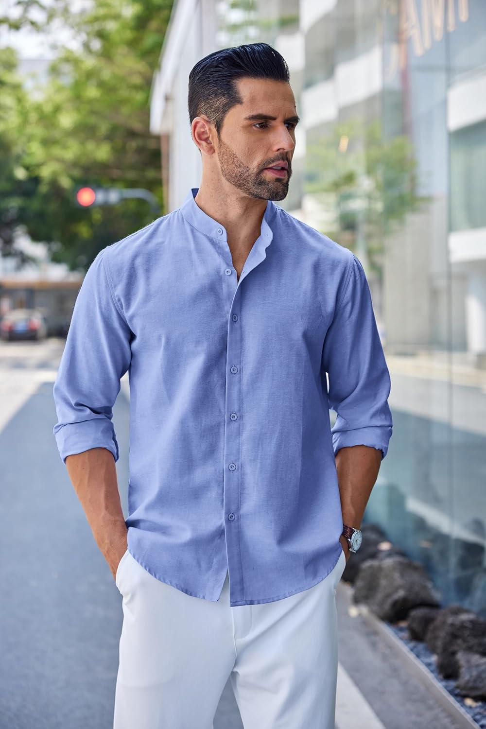 imageCOOFANDY Mens Long Sleeve Oxford Dress Shirts Chambray Button Down Shirt Casual Band Collar ShirtsBlue