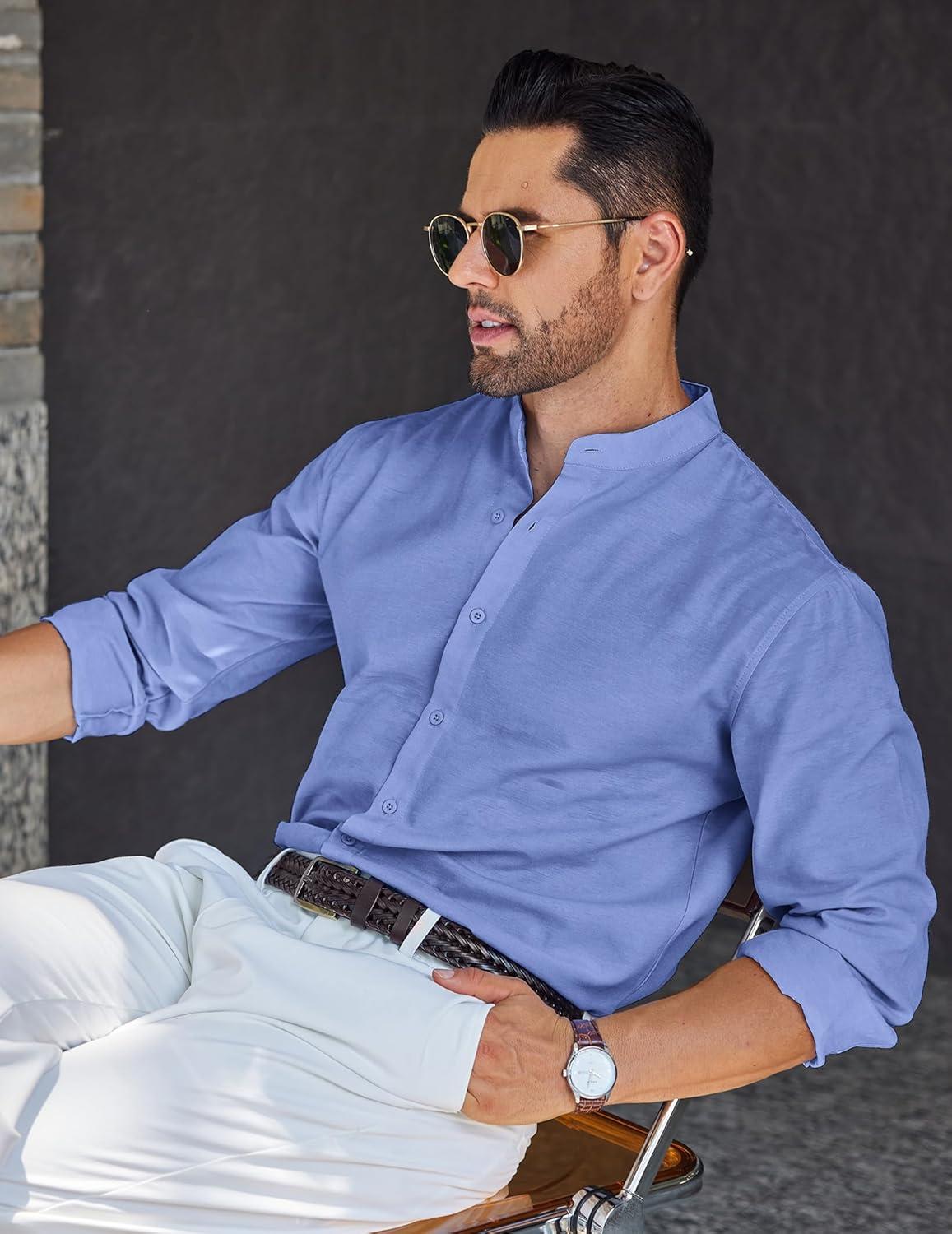 imageCOOFANDY Mens Long Sleeve Oxford Dress Shirts Chambray Button Down Shirt Casual Band Collar ShirtsBlue