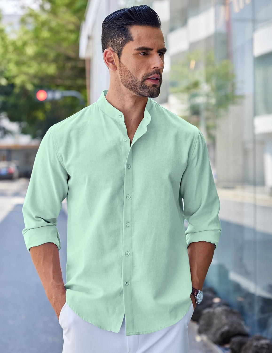 imageCOOFANDY Mens Long Sleeve Oxford Dress Shirts Chambray Button Down Shirt Casual Band Collar ShirtsIce Green