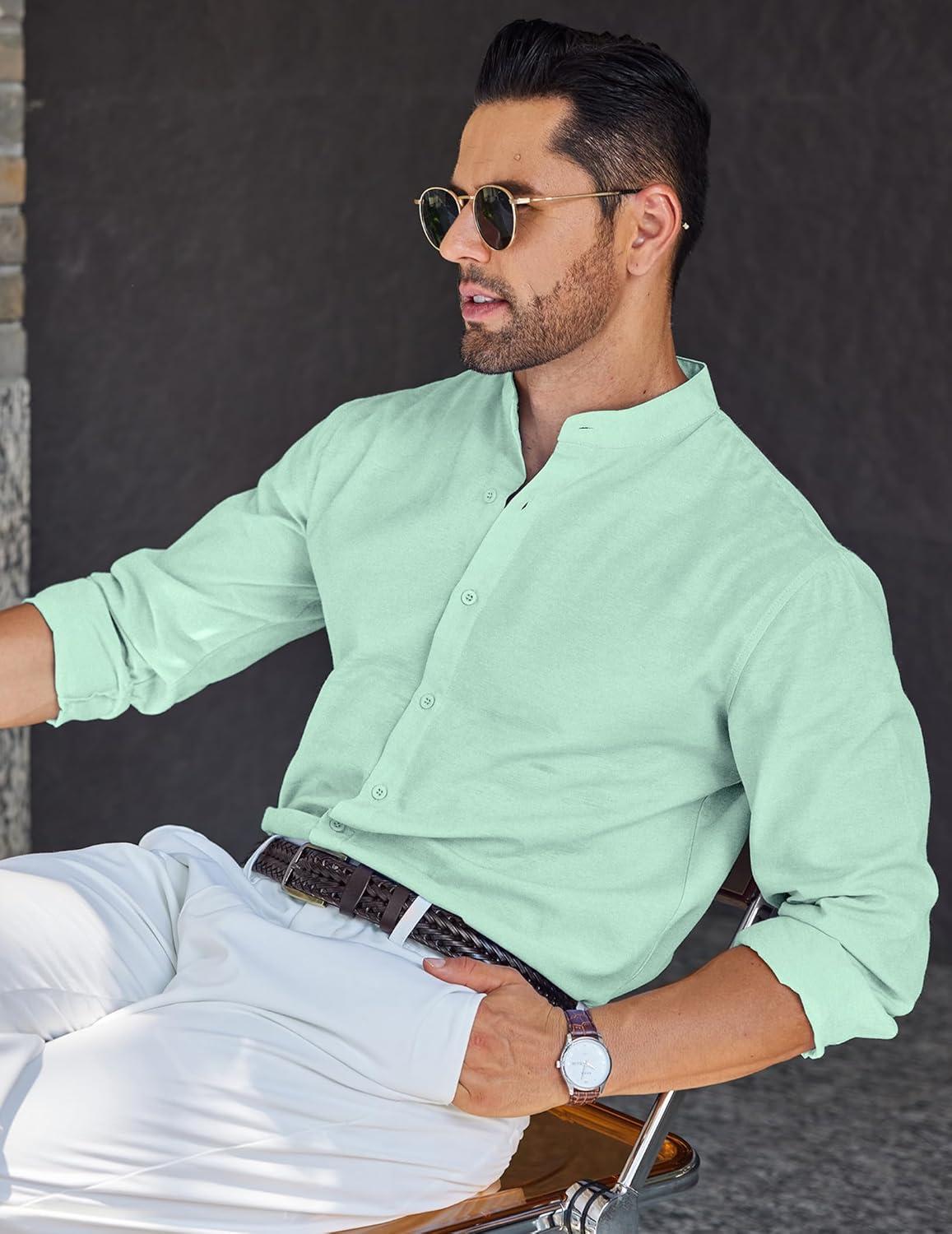 imageCOOFANDY Mens Long Sleeve Oxford Dress Shirts Chambray Button Down Shirt Casual Band Collar ShirtsIce Green