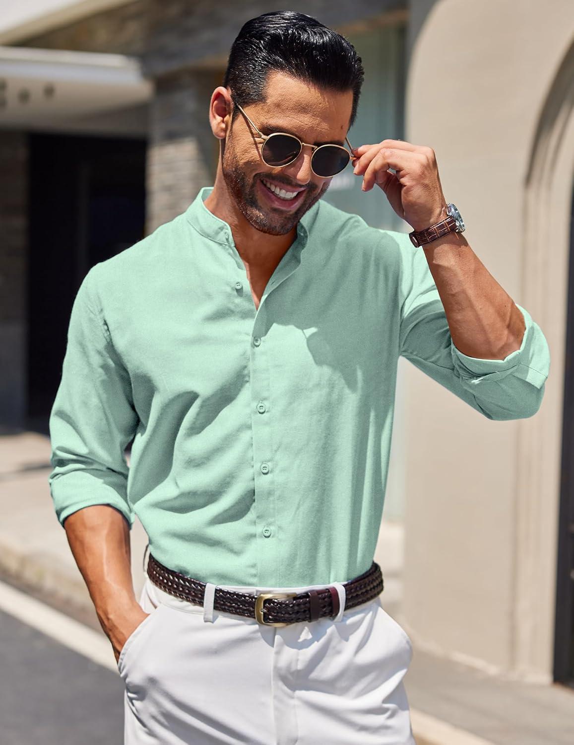 imageCOOFANDY Mens Long Sleeve Oxford Dress Shirts Chambray Button Down Shirt Casual Band Collar ShirtsIce Green