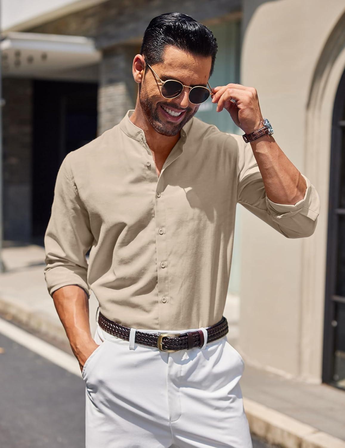 imageCOOFANDY Mens Long Sleeve Oxford Dress Shirts Chambray Button Down Shirt Casual Band Collar ShirtsKhaki