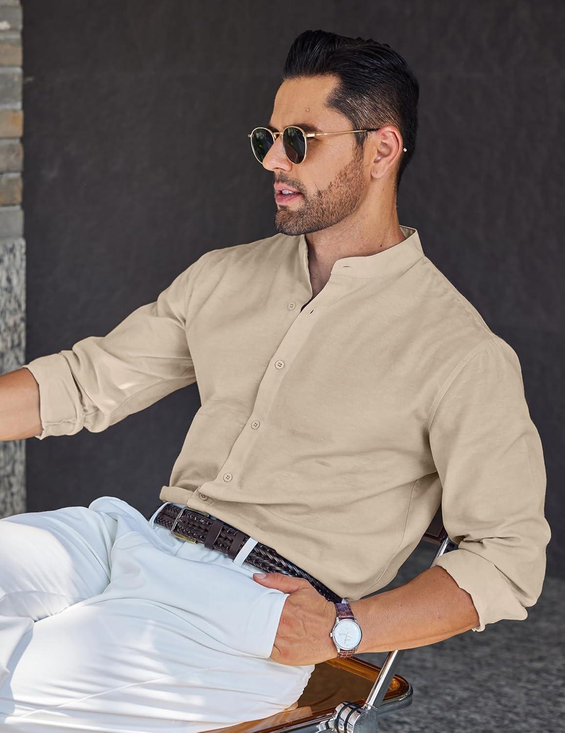 imageCOOFANDY Mens Long Sleeve Oxford Dress Shirts Chambray Button Down Shirt Casual Band Collar ShirtsKhaki