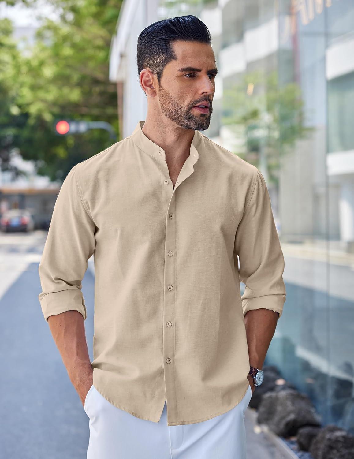 imageCOOFANDY Mens Long Sleeve Oxford Dress Shirts Chambray Button Down Shirt Casual Band Collar ShirtsKhaki