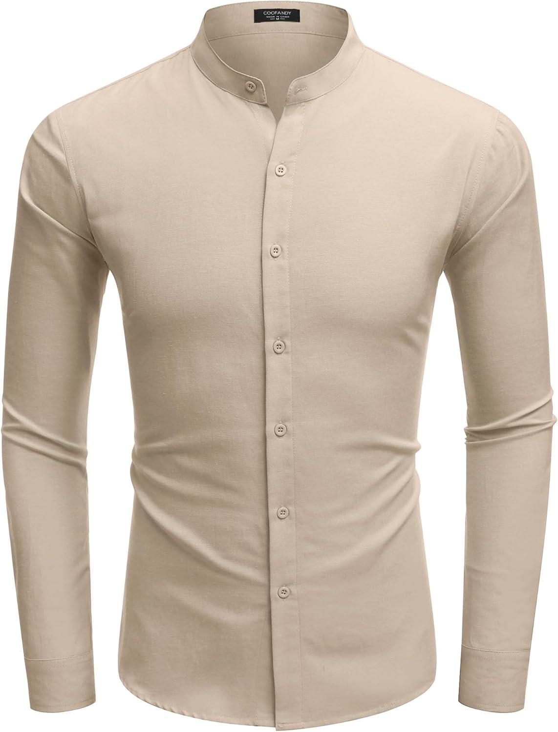 imageCOOFANDY Mens Long Sleeve Oxford Dress Shirts Chambray Button Down Shirt Casual Band Collar ShirtsKhaki