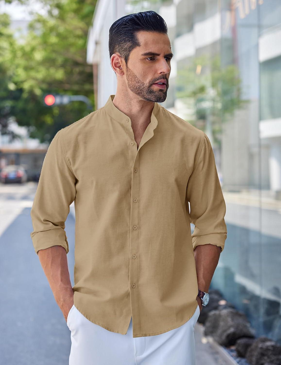 imageCOOFANDY Mens Long Sleeve Oxford Dress Shirts Chambray Button Down Shirt Casual Band Collar ShirtsLight Brown