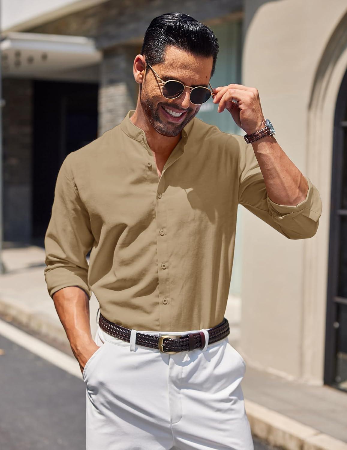 imageCOOFANDY Mens Long Sleeve Oxford Dress Shirts Chambray Button Down Shirt Casual Band Collar ShirtsLight Brown