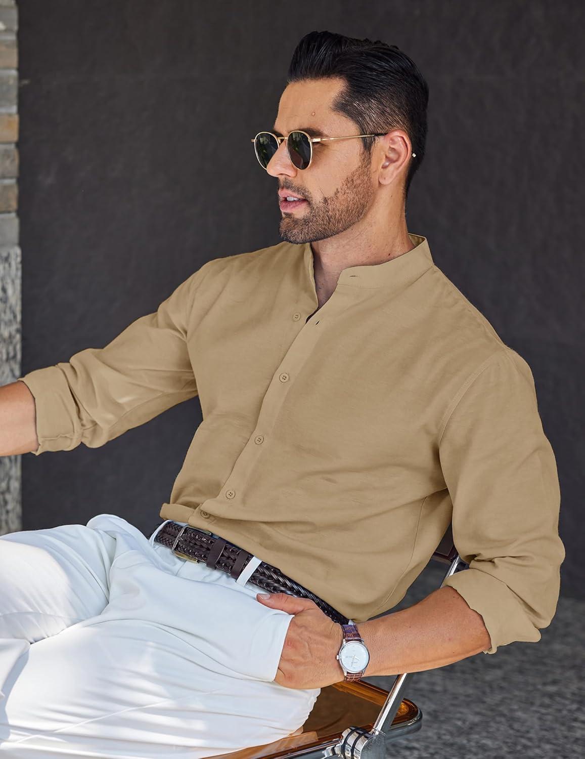 imageCOOFANDY Mens Long Sleeve Oxford Dress Shirts Chambray Button Down Shirt Casual Band Collar ShirtsLight Brown