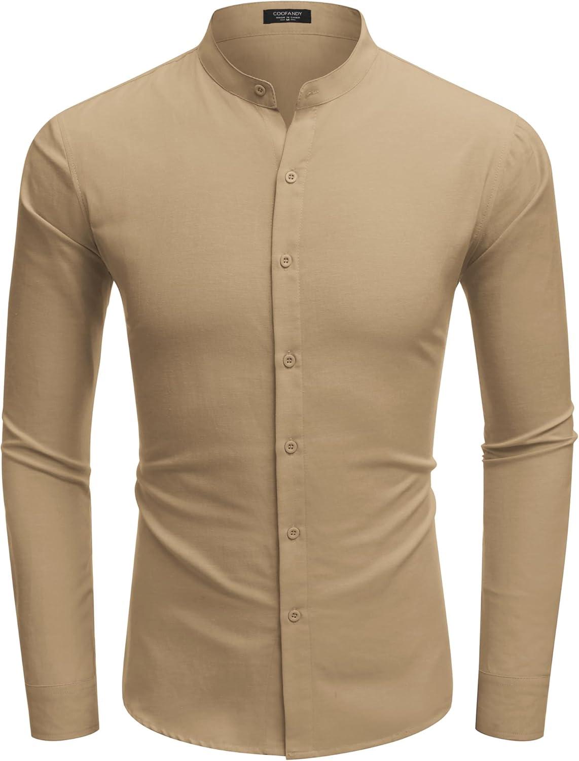 imageCOOFANDY Mens Long Sleeve Oxford Dress Shirts Chambray Button Down Shirt Casual Band Collar ShirtsLight Brown