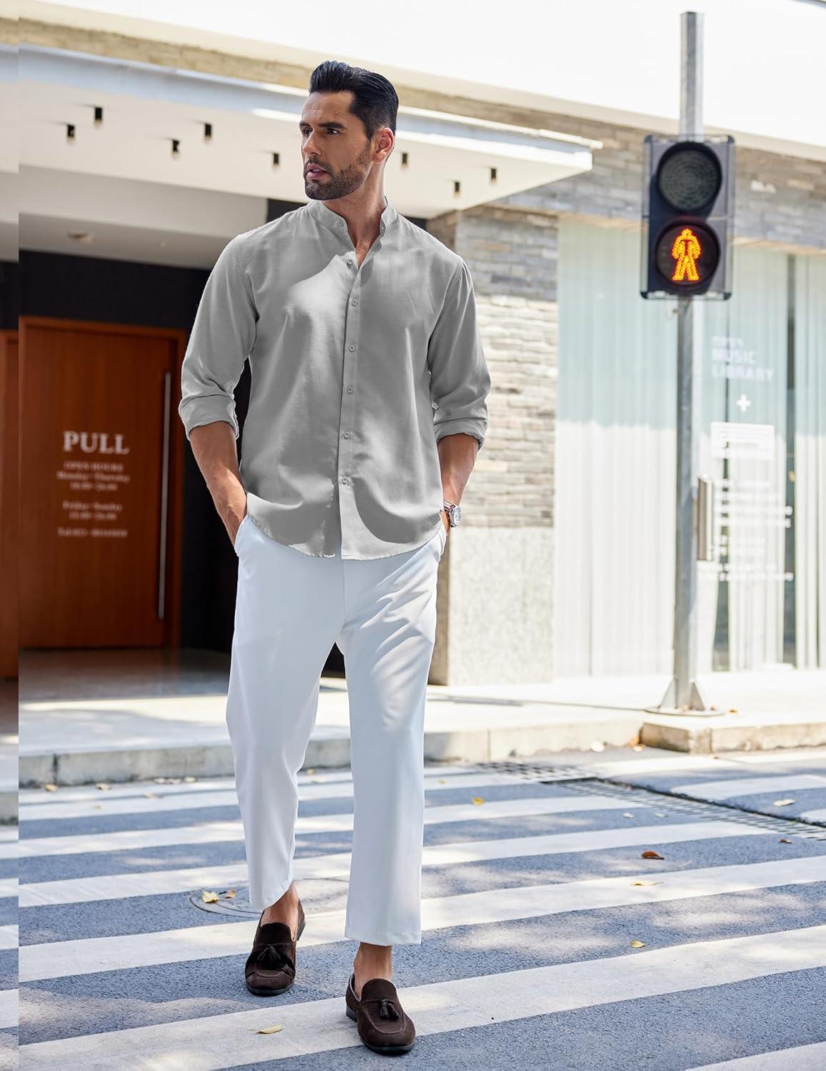 imageCOOFANDY Mens Long Sleeve Oxford Dress Shirts Chambray Button Down Shirt Casual Band Collar ShirtsLight Grey