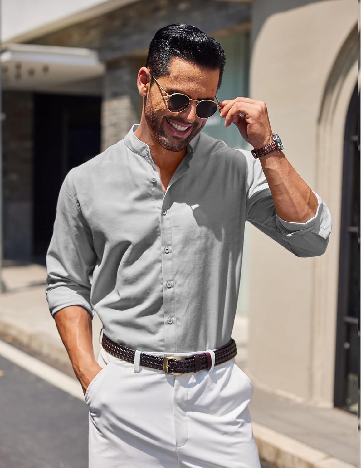 imageCOOFANDY Mens Long Sleeve Oxford Dress Shirts Chambray Button Down Shirt Casual Band Collar ShirtsLight Grey