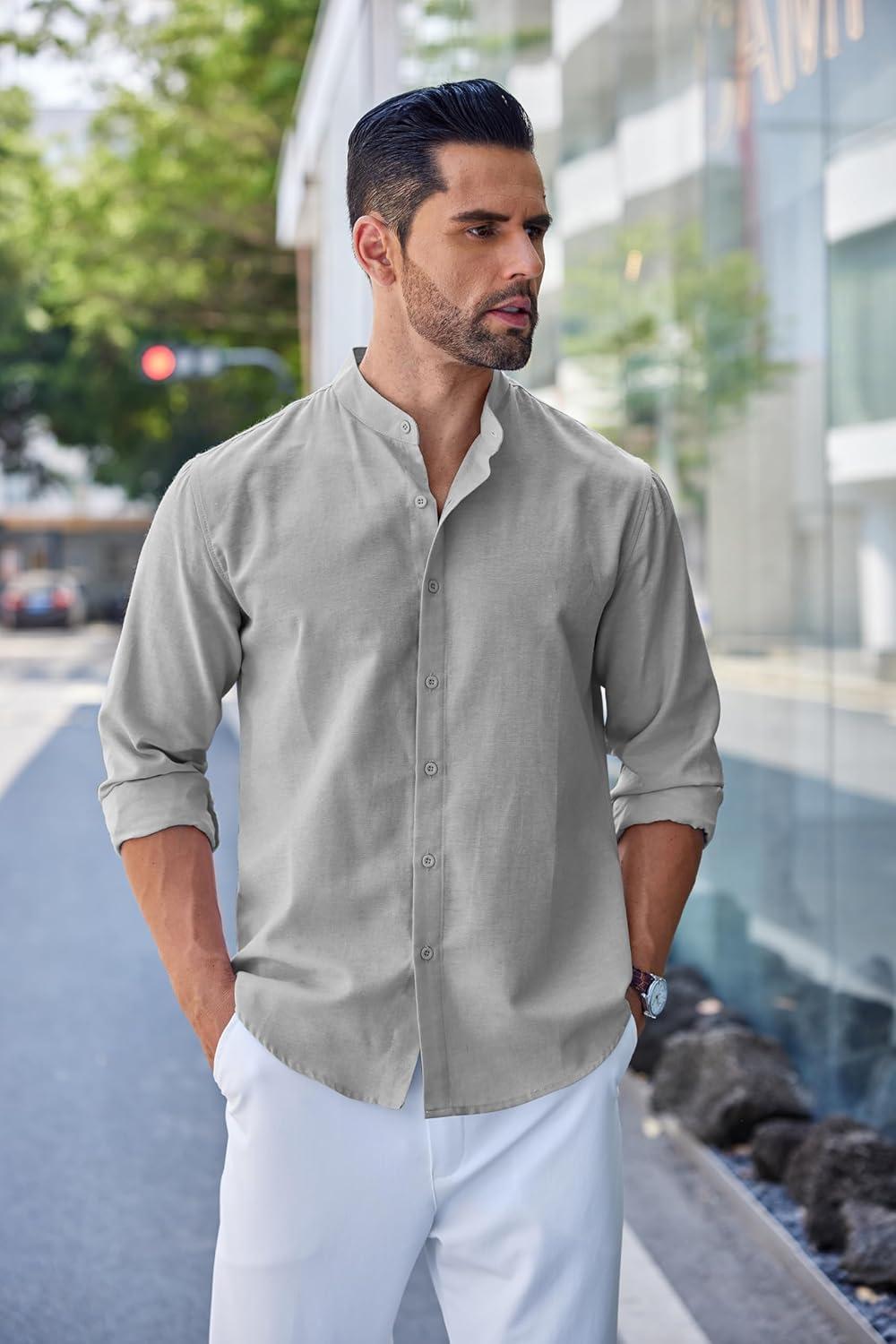 imageCOOFANDY Mens Long Sleeve Oxford Dress Shirts Chambray Button Down Shirt Casual Band Collar ShirtsLight Grey