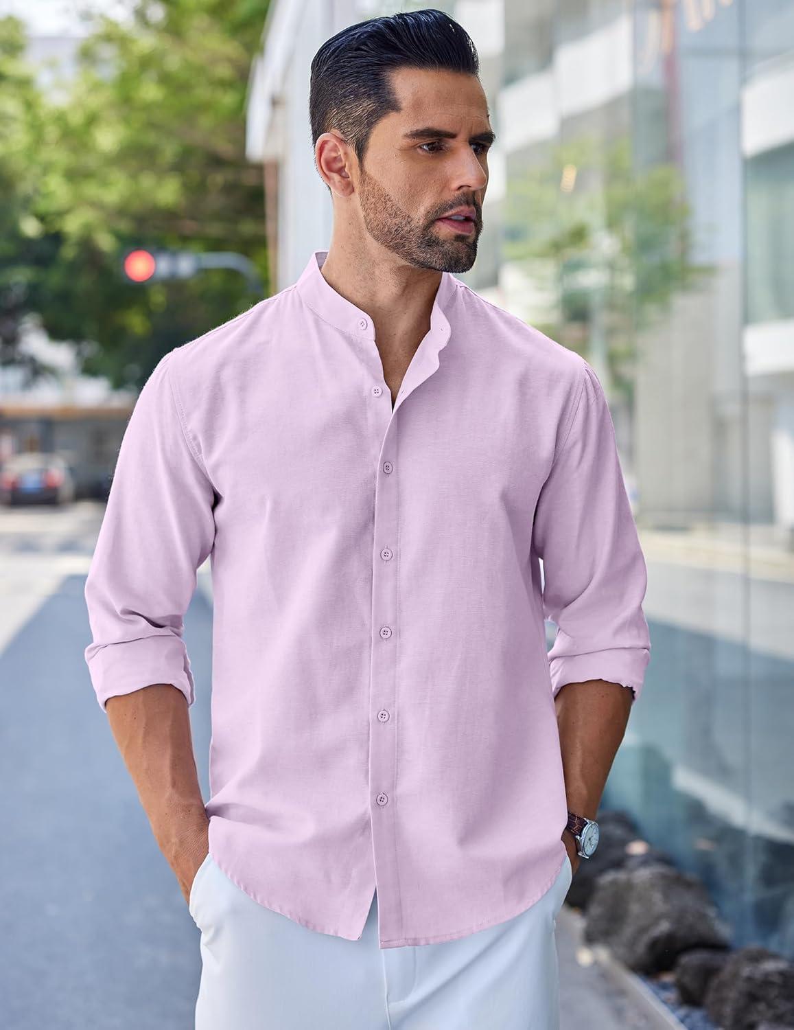 imageCOOFANDY Mens Long Sleeve Oxford Dress Shirts Chambray Button Down Shirt Casual Band Collar ShirtsLight Purple