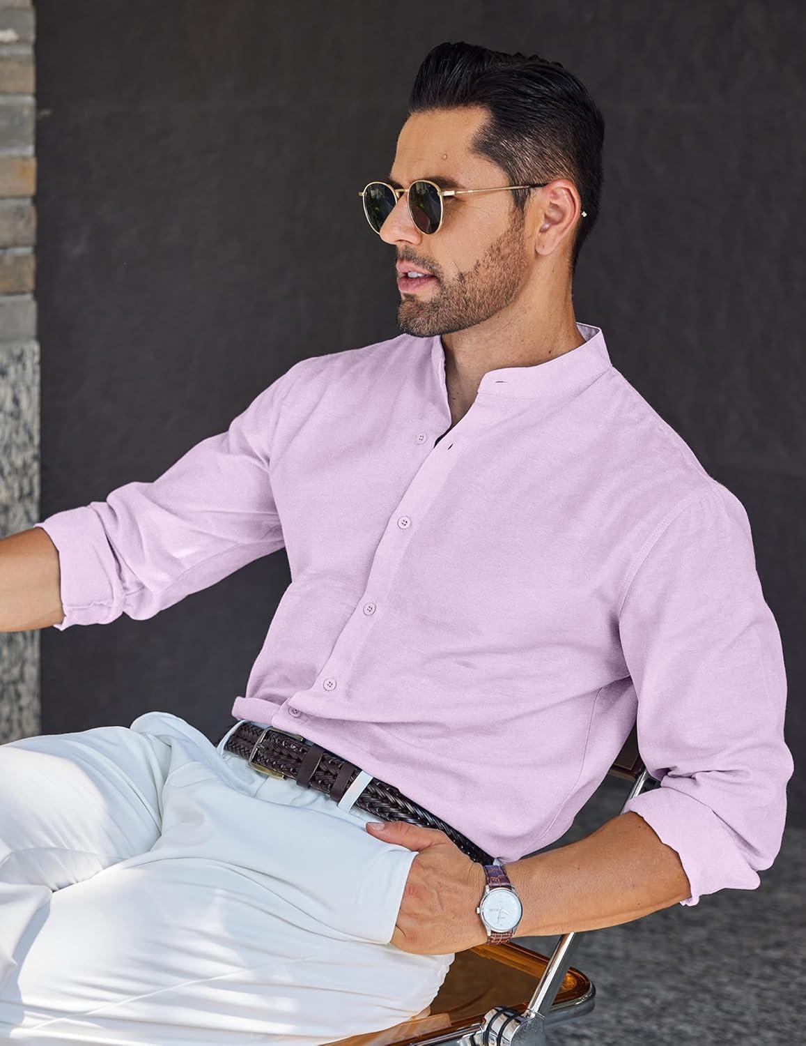 imageCOOFANDY Mens Long Sleeve Oxford Dress Shirts Chambray Button Down Shirt Casual Band Collar ShirtsLight Purple