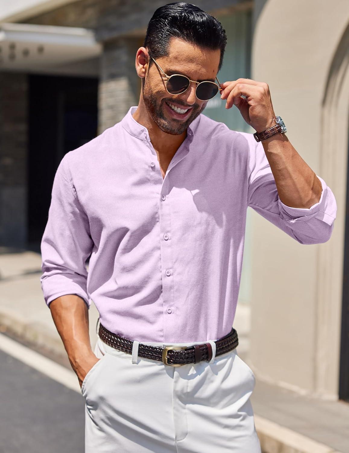 imageCOOFANDY Mens Long Sleeve Oxford Dress Shirts Chambray Button Down Shirt Casual Band Collar ShirtsLight Purple