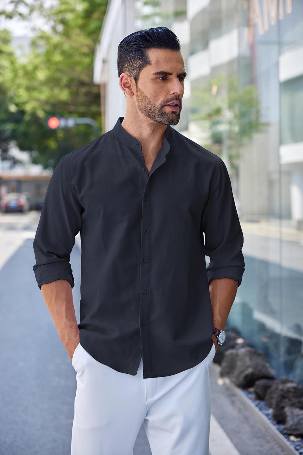 imageCOOFANDY Mens Long Sleeve Oxford Dress Shirts Chambray Button Down Shirt Casual Band Collar ShirtsNavy Blue