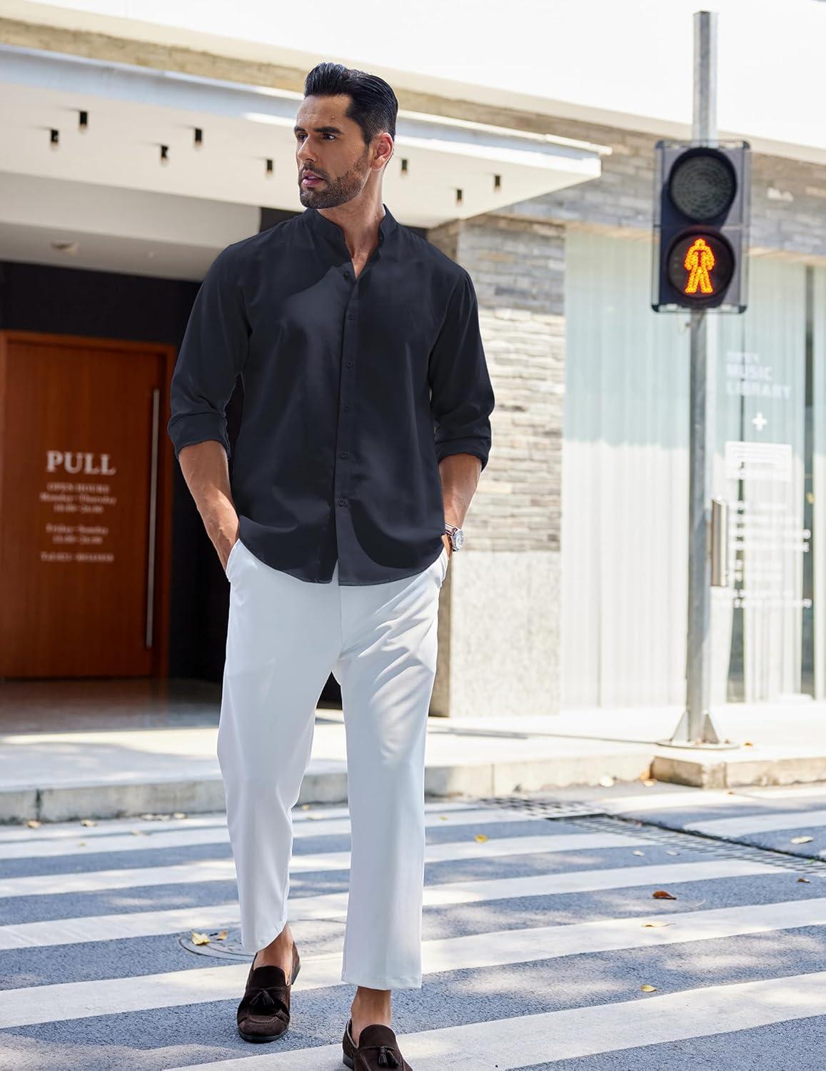 imageCOOFANDY Mens Long Sleeve Oxford Dress Shirts Chambray Button Down Shirt Casual Band Collar ShirtsNavy Blue