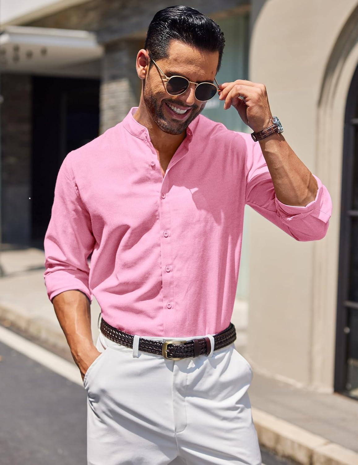 imageCOOFANDY Mens Long Sleeve Oxford Dress Shirts Chambray Button Down Shirt Casual Band Collar ShirtsPink