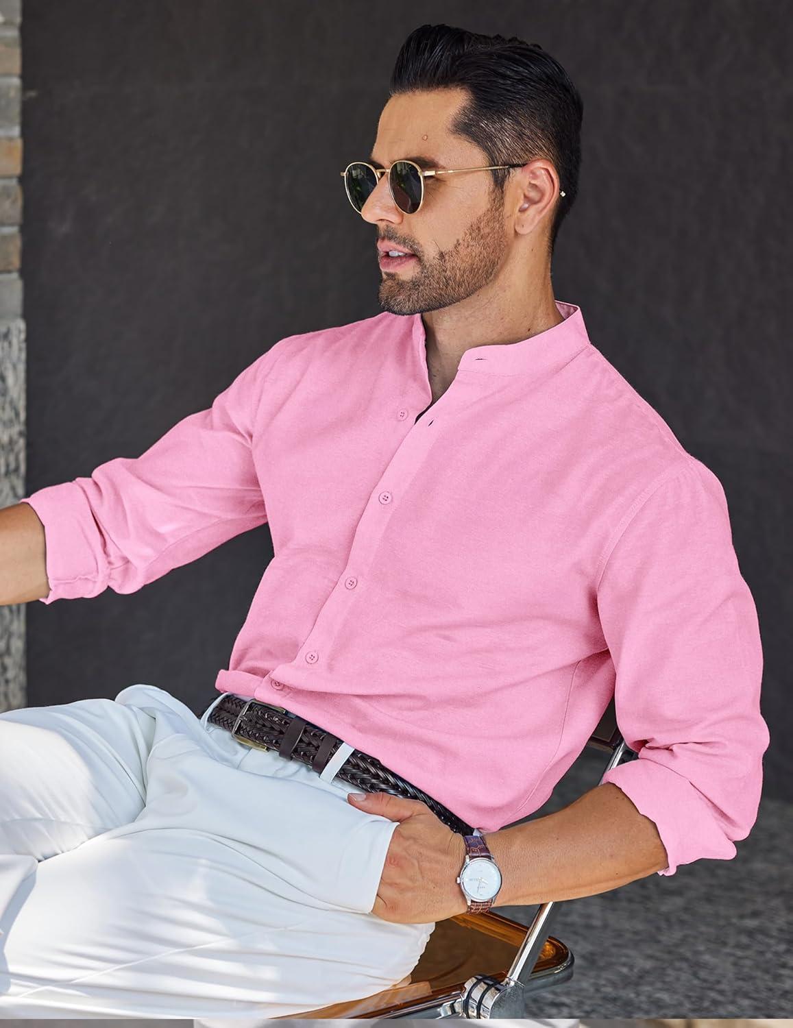 imageCOOFANDY Mens Long Sleeve Oxford Dress Shirts Chambray Button Down Shirt Casual Band Collar ShirtsPink