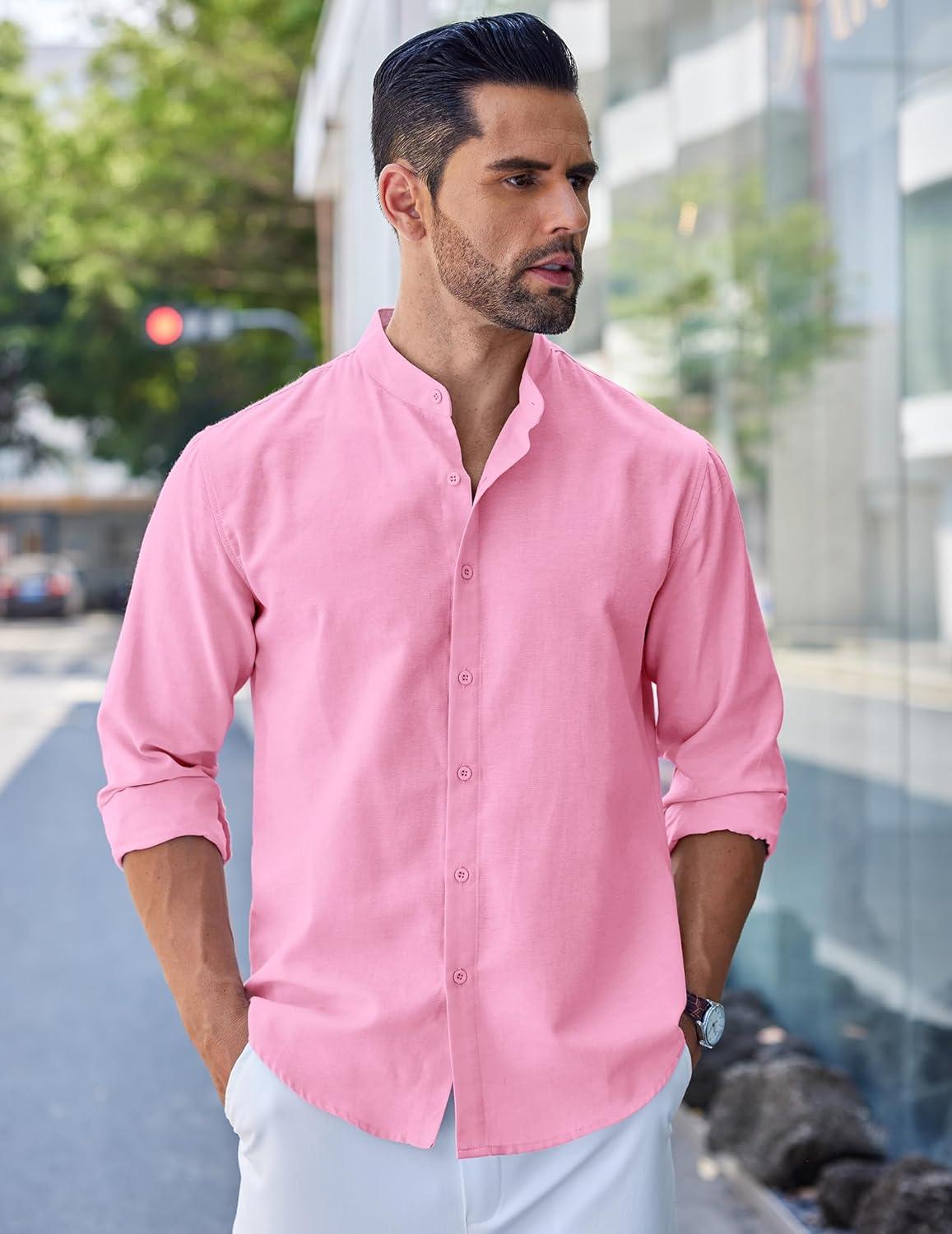 imageCOOFANDY Mens Long Sleeve Oxford Dress Shirts Chambray Button Down Shirt Casual Band Collar ShirtsPink