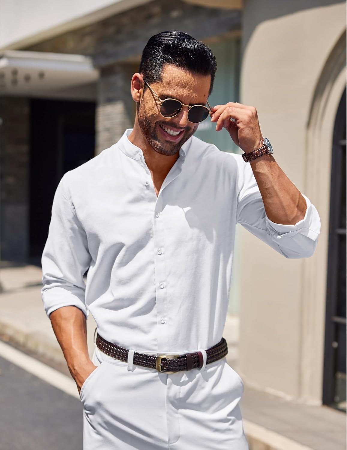 imageCOOFANDY Mens Long Sleeve Oxford Dress Shirts Chambray Button Down Shirt Casual Band Collar ShirtsWhite