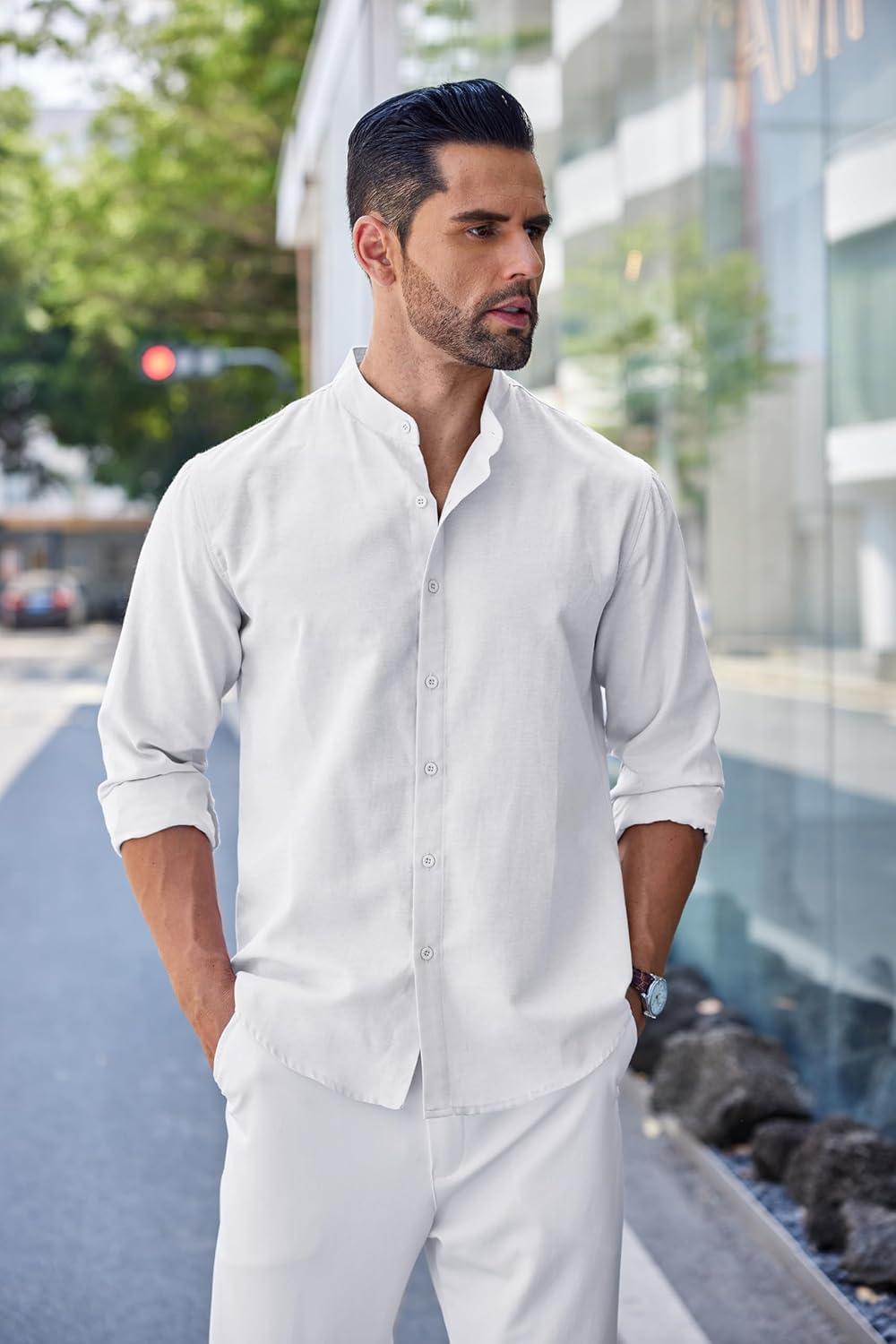 imageCOOFANDY Mens Long Sleeve Oxford Dress Shirts Chambray Button Down Shirt Casual Band Collar ShirtsWhite