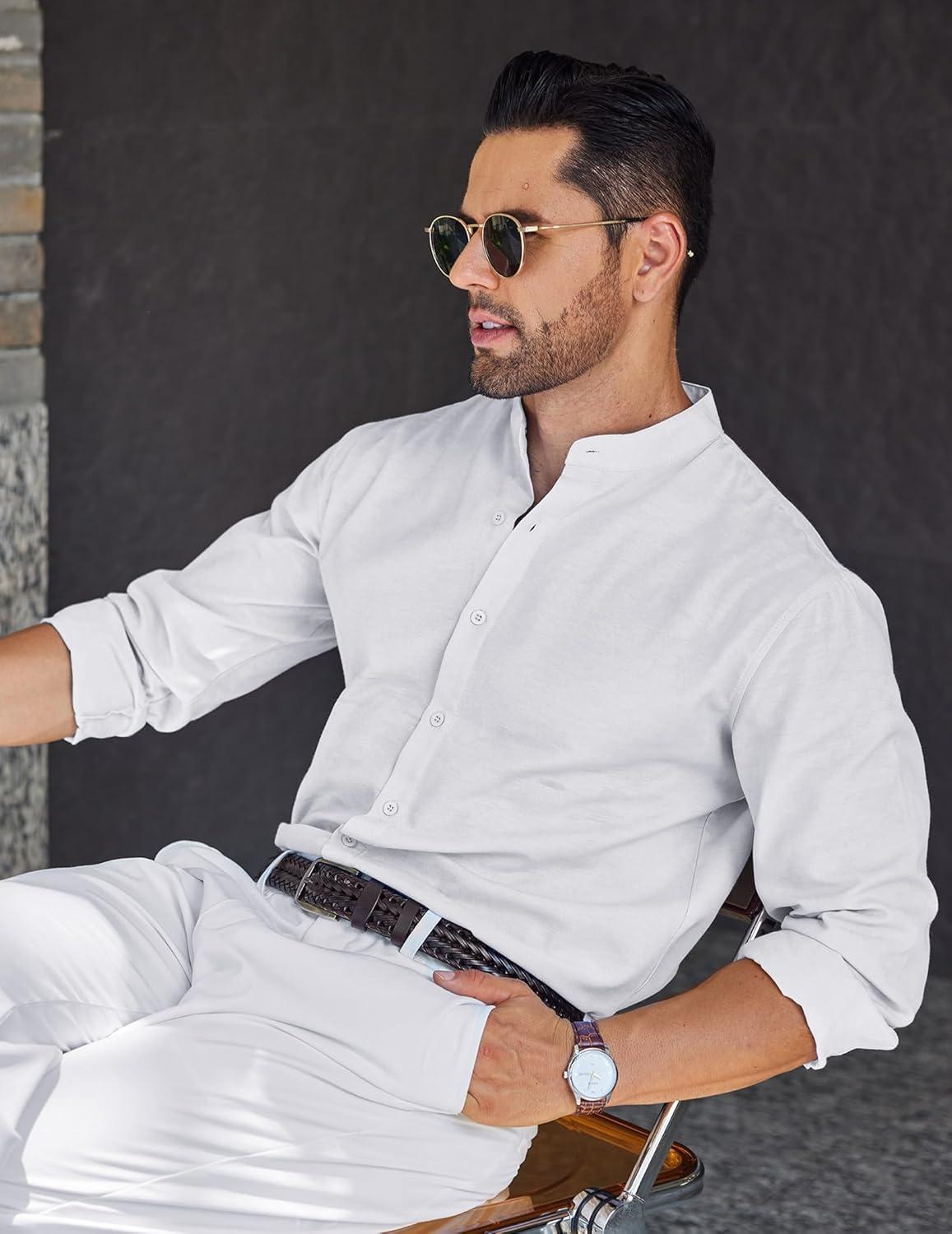 imageCOOFANDY Mens Long Sleeve Oxford Dress Shirts Chambray Button Down Shirt Casual Band Collar ShirtsWhite