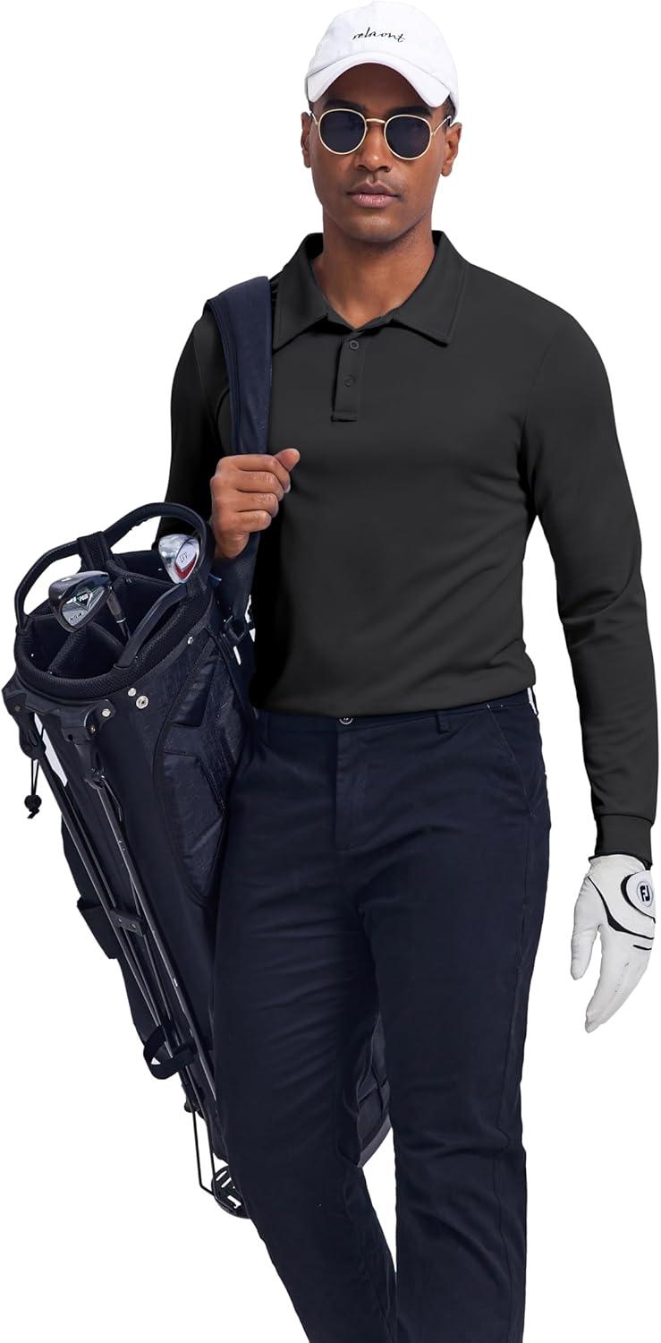 imageCOOFANDY Mens Long Sleeve Polo Shirts Quick Dry Moisture Wicking Lightweight Golf Shirts Casual Collared ShirtBlack