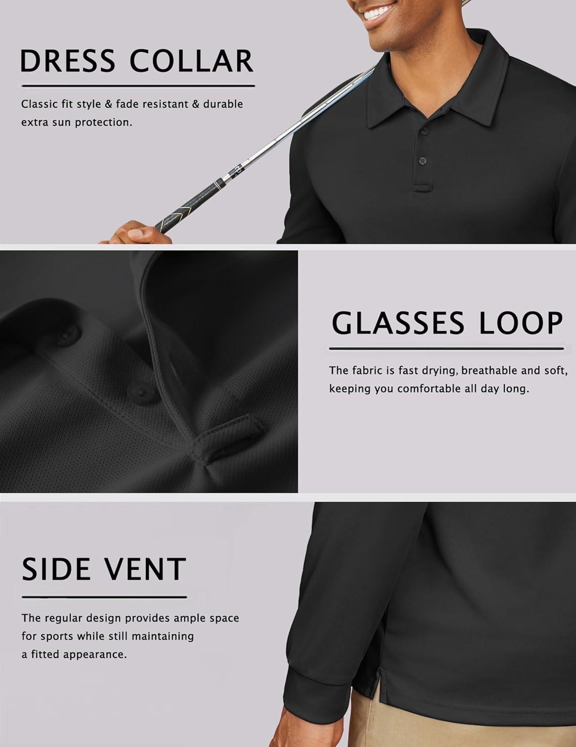 imageCOOFANDY Mens Long Sleeve Polo Shirts Quick Dry Moisture Wicking Lightweight Golf Shirts Casual Collared ShirtBlack